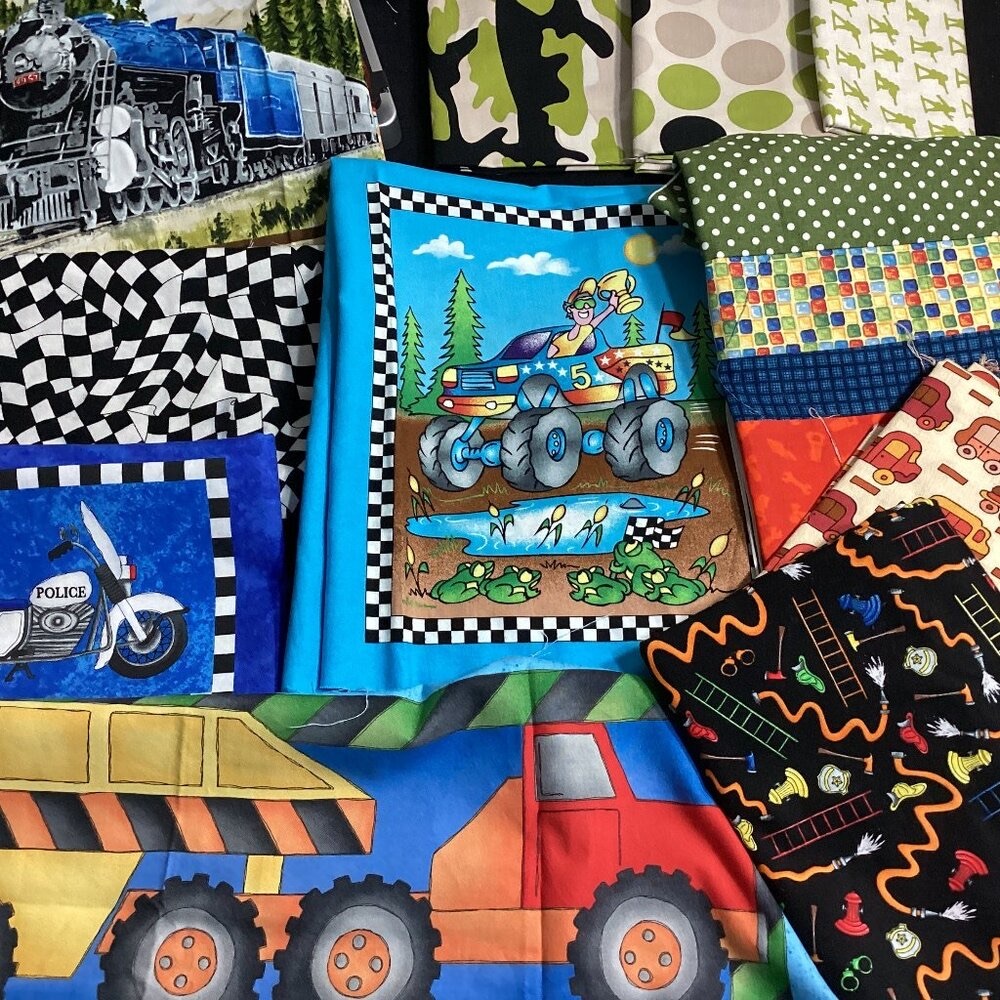 Quilt top and Assorted Boys fabrics